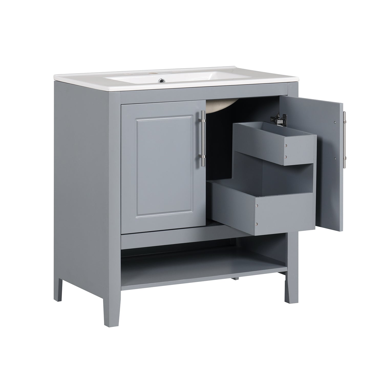 Bathroom Vanity with Sink, Multi-functional Bathroom Cabinet with Doors and Drawers, Solid Frame and MDF Board, Grey