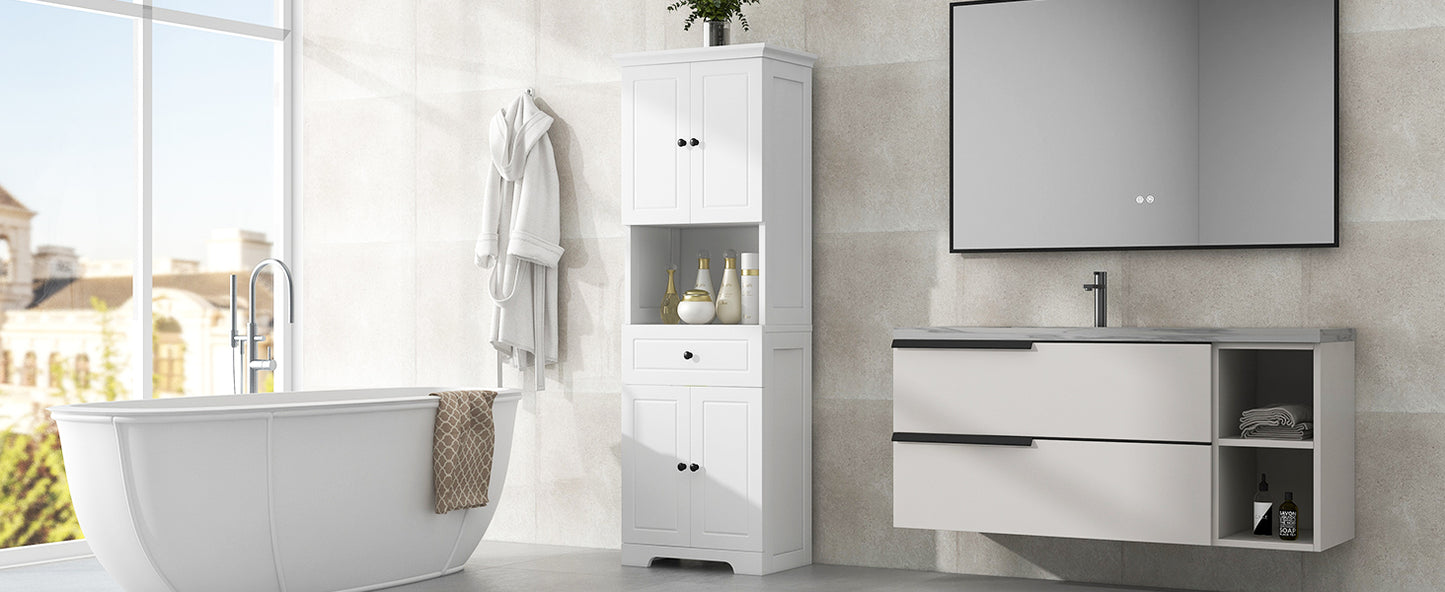 Tall Bathroom Cabinet with Four Doors, Large Storage Space Open Shelve, Upper Storage Cabinet, Whit