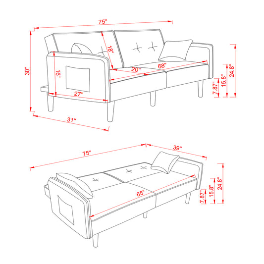 Sofá cama tipo futón para sala de estar en tela azul con patas de madera maciza, perfecto para espacios pequeños