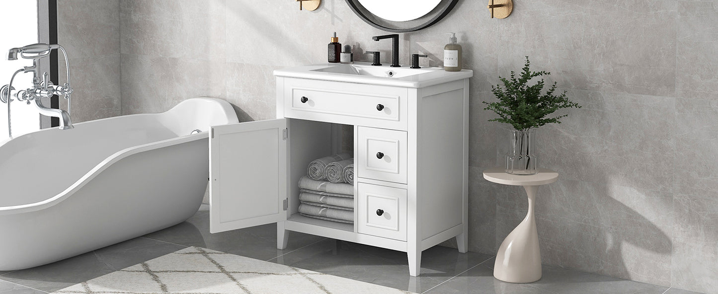 30" Bathroom Vanity with Sink Top, Solid Wood Cabinet with Door and Two Drawers, White