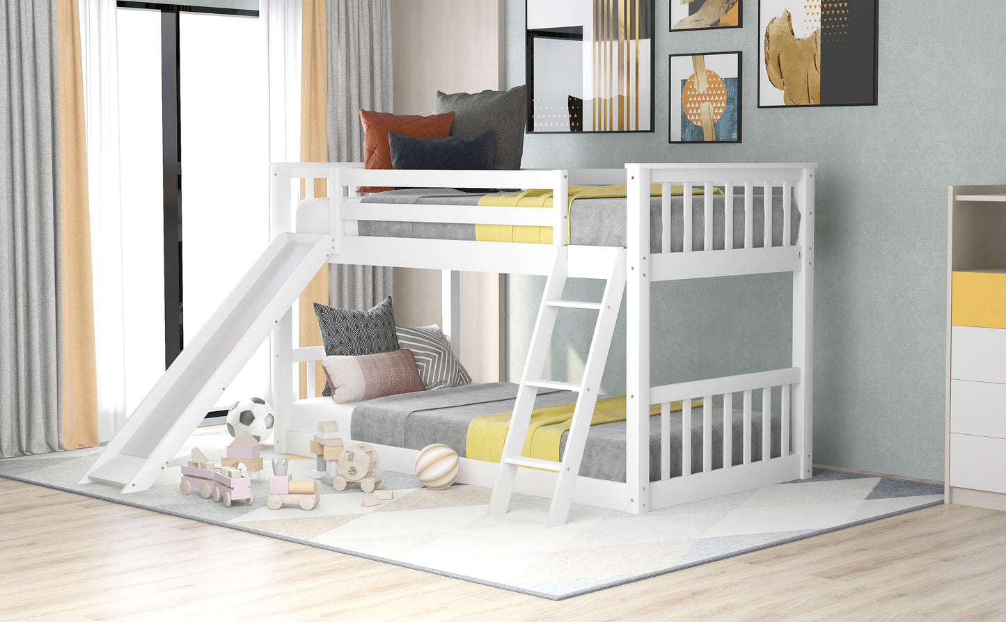 Twin over Twin Bunk Bed with Convertible Slide and Ladder  White