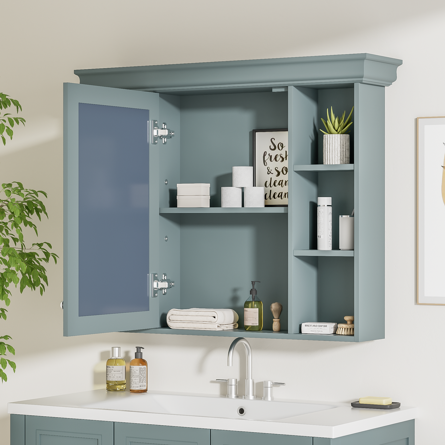 35 ''x 28' 'blue wall mounted bathroom storage cabinet with mirror door and medication cabinet with 6 open shelves