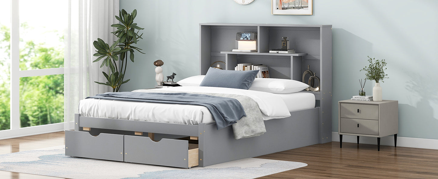 Full Size Platform Bed with Storage Headboard and 2 Drawers, Gray