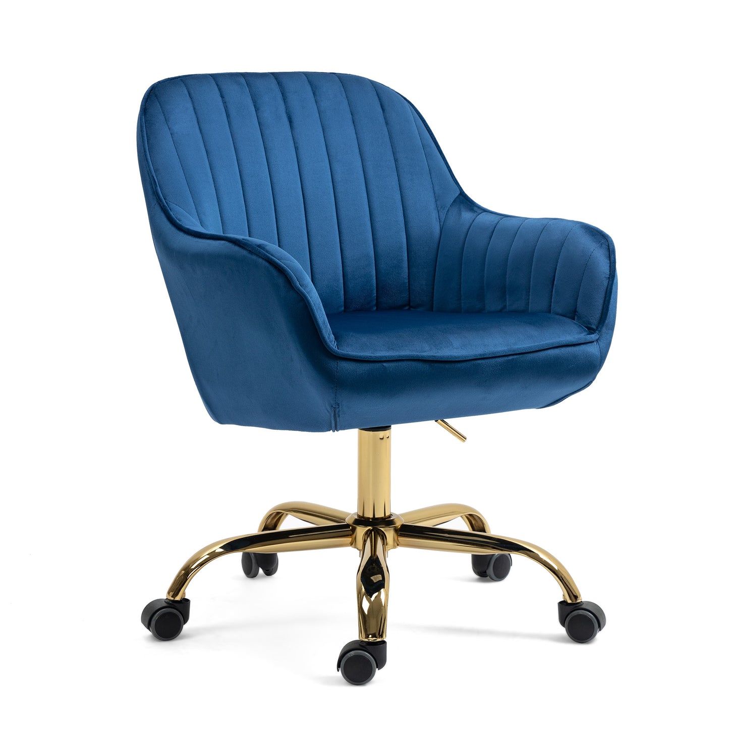 360° Dark Blue Velvet Swivel Chair With High Back Adjustable Working Chair With Golden Color Base