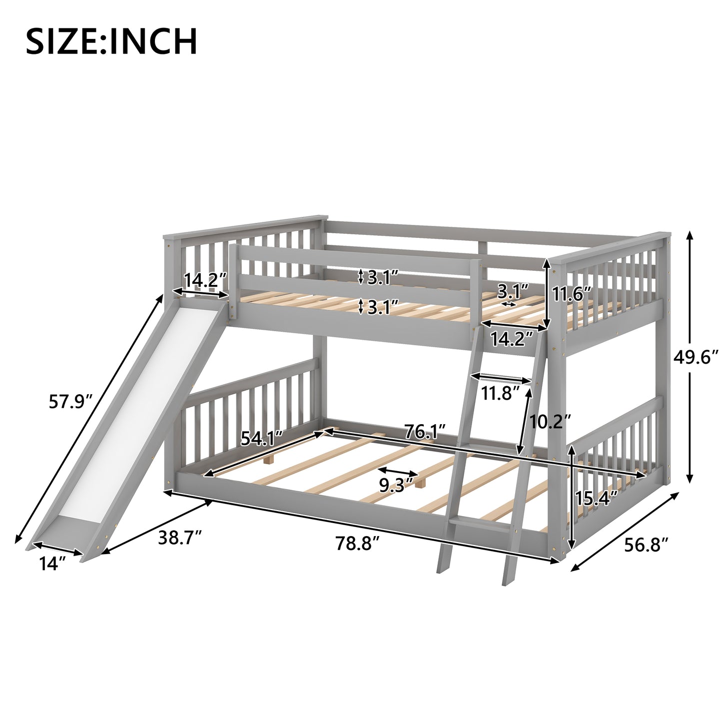 Full over Full Bunk Bed with Convertible Slide and Ladder  Gray