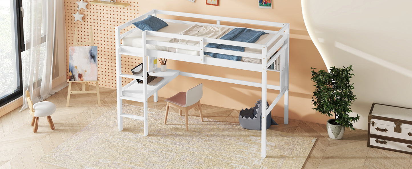 Twin Loft Bed with built-in desk and bookcase of three compartments, Guardrails and Ladder,White