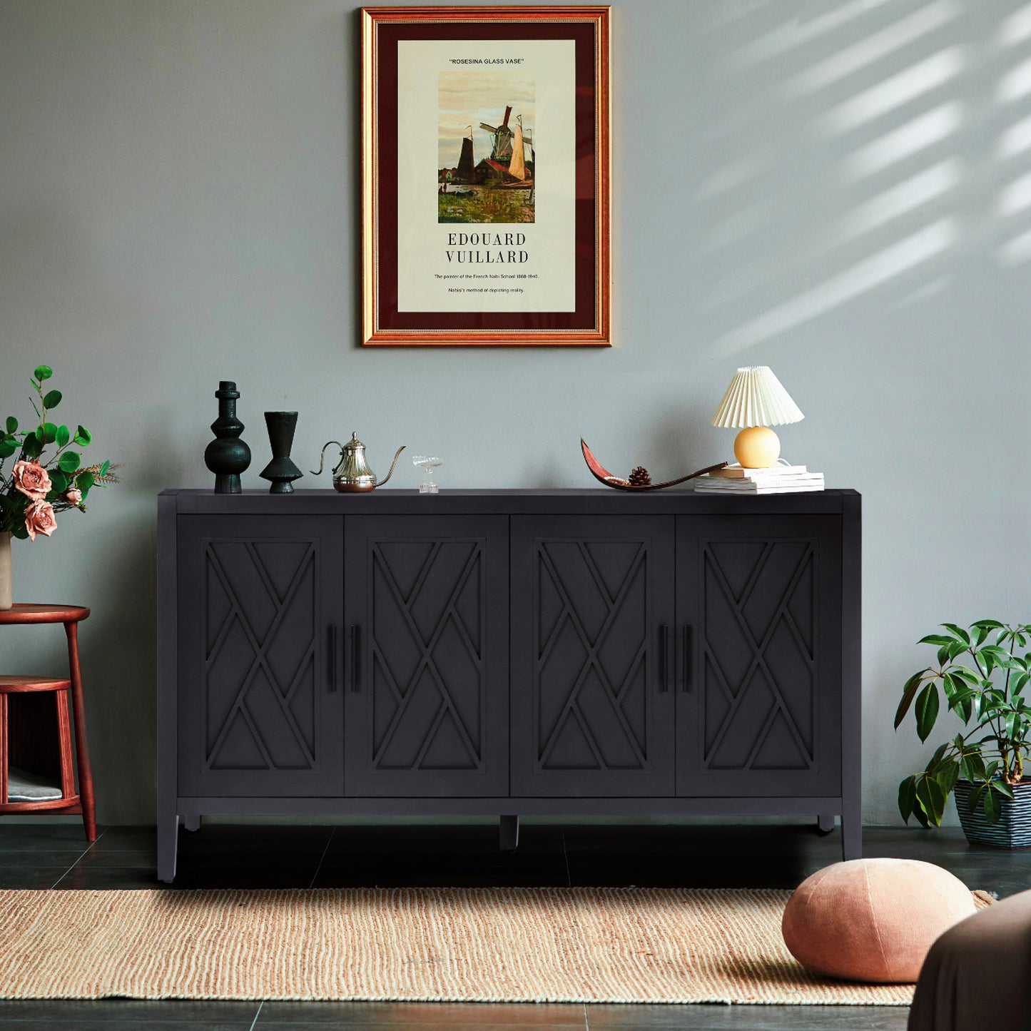 4-Door Wooden Twill Sideboard, American Country Vintage Design for Living Rooms, Dining Rooms, and Hallways, Black