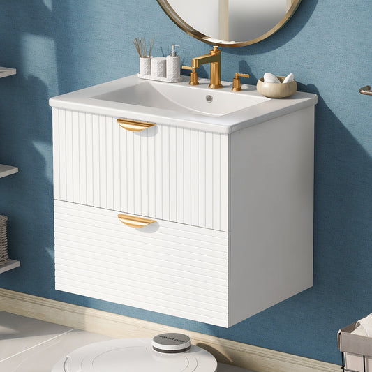 Modern 24-Inch Wall-Mounted Bathroom Vanity with 2 Drawers, White Finish for Small Bathrooms