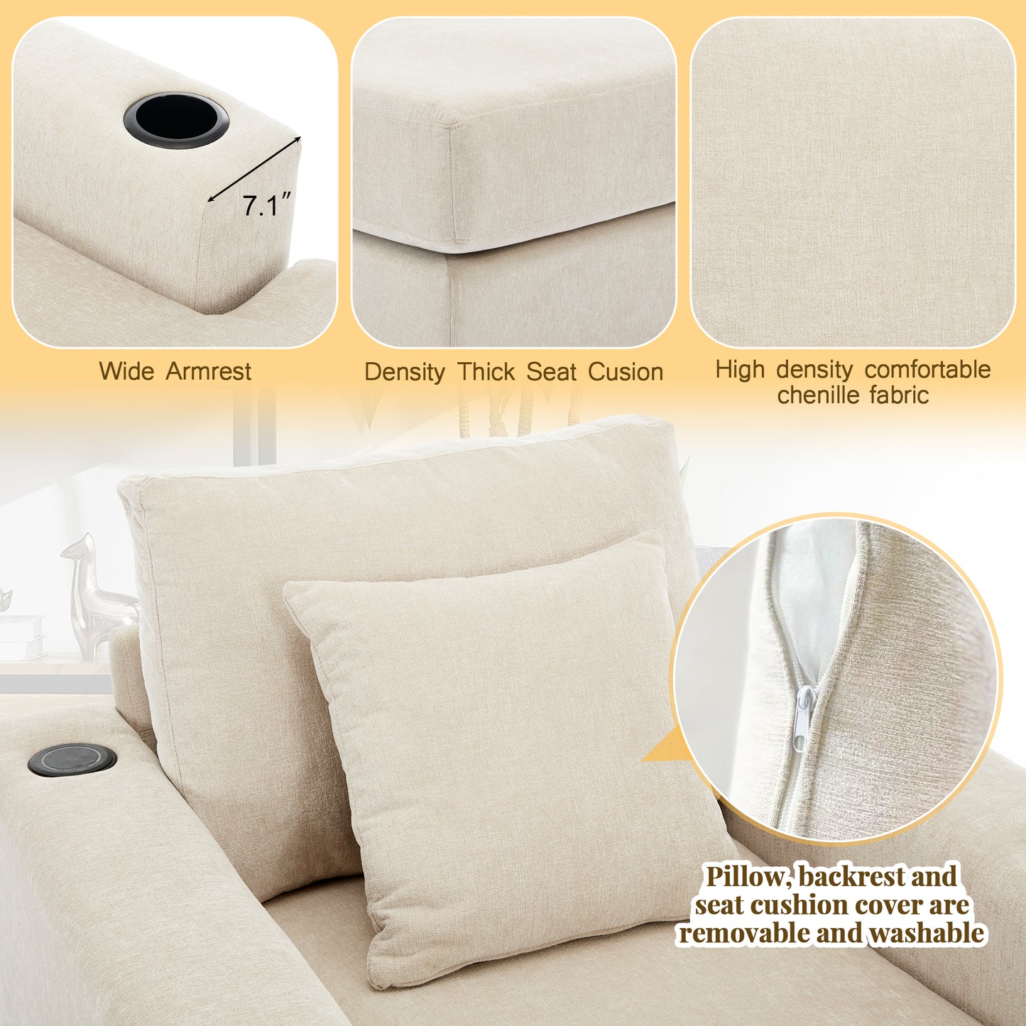 39.7" Oversized Chaise Lounger with Pillows, Charge Station, and Cup Holders, Chenille Fabric in Cream