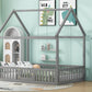 Full Size Wood House Bed with Fence and Door, Gray