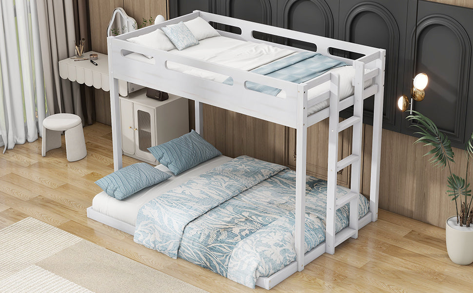 Twin over Full Bunk Bed with Built-in Ladder,White