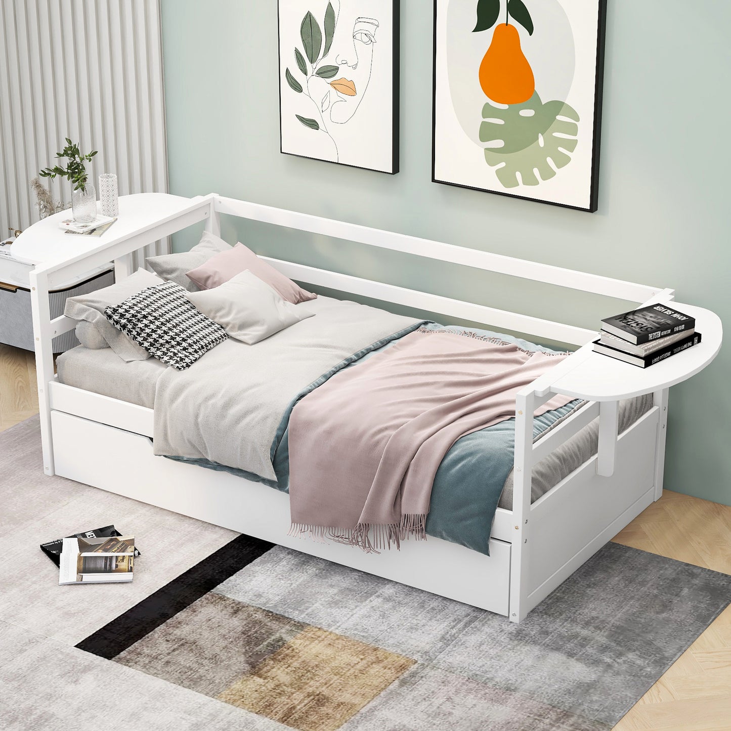 win Size Daybed with Trundle and Foldable Shelves on Both Sides White