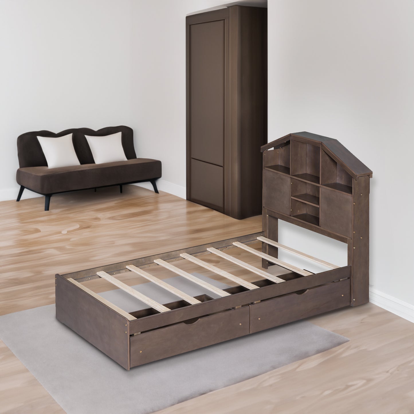 Twin Size Wood Platform Bed with House-shaped Storage Headboard and 2 Drawers Walnut