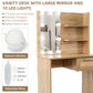 Vanity Desk Set Stool & Dressing Table with LED Lighting Mirror Drawer and Wood Cosmetic Table Chest of Drawers Nature Color