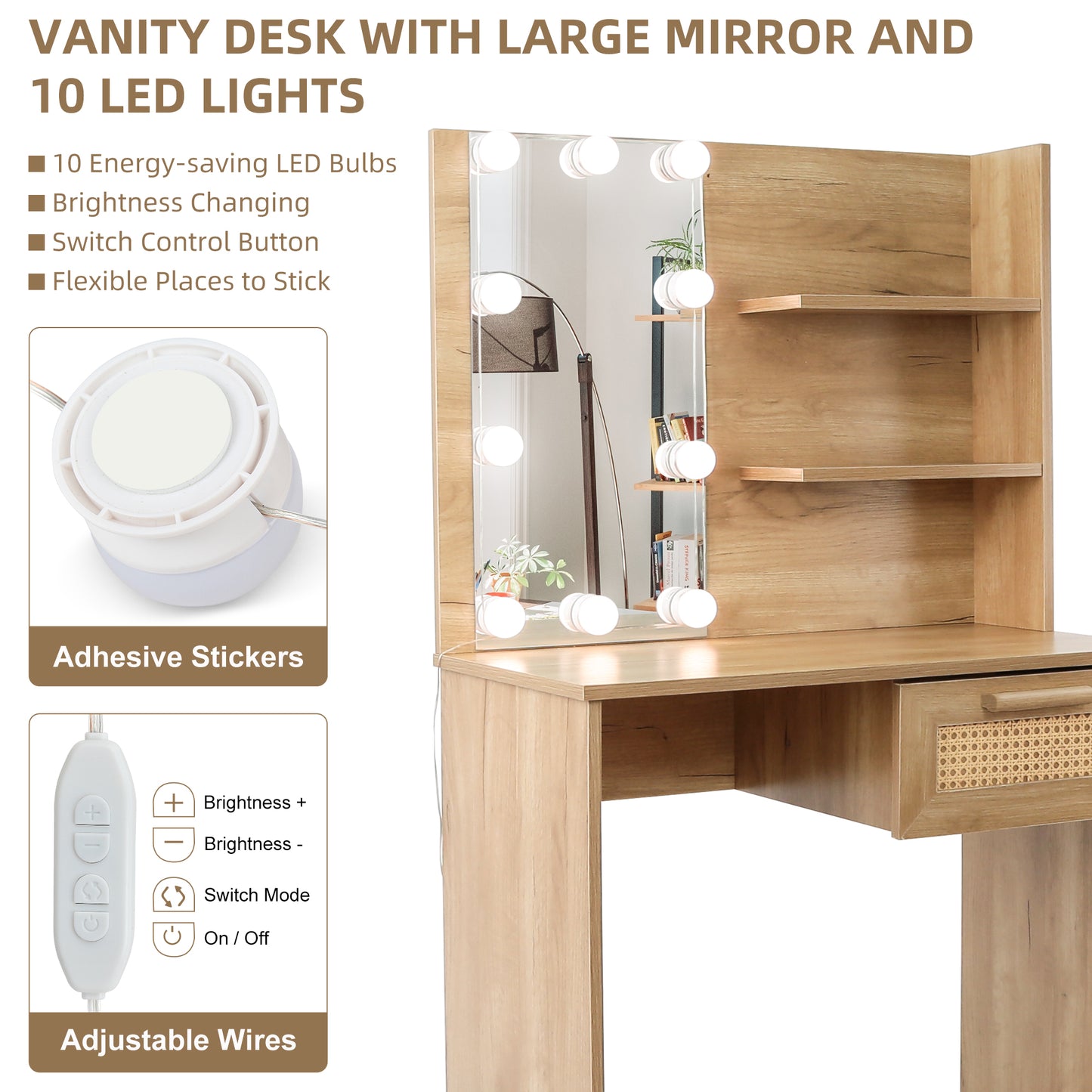 Vanity Desk Set Stool & Dressing Table with LED Lighting Mirror Drawer and Wood Cosmetic Table Chest of Drawers Nature Color