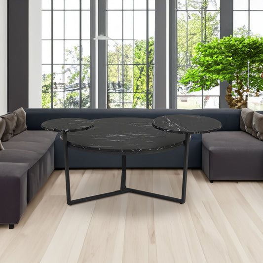 Modern coffee table with two display shelves, Black Faux marble surfaces, Tripod-inspired base,Rounded tabletop edges