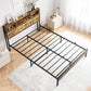 Queen Bed Frame with Storage Headboard Metal Platform Bed with Charging Station Bookcase Storage Black