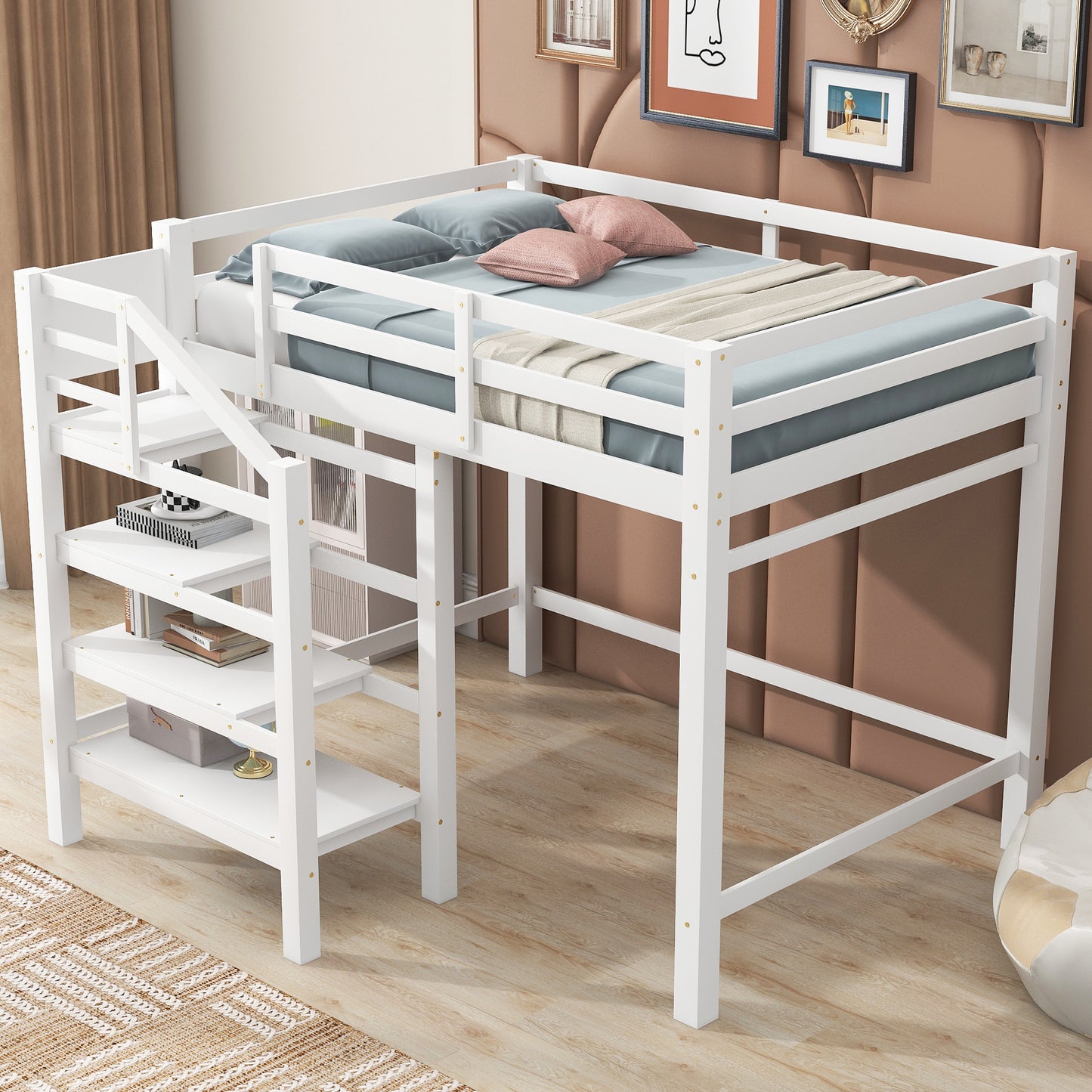 Cama alta de tamaño completo con escalera de almacenamiento incorporada y percha para ropa, acabado blanco