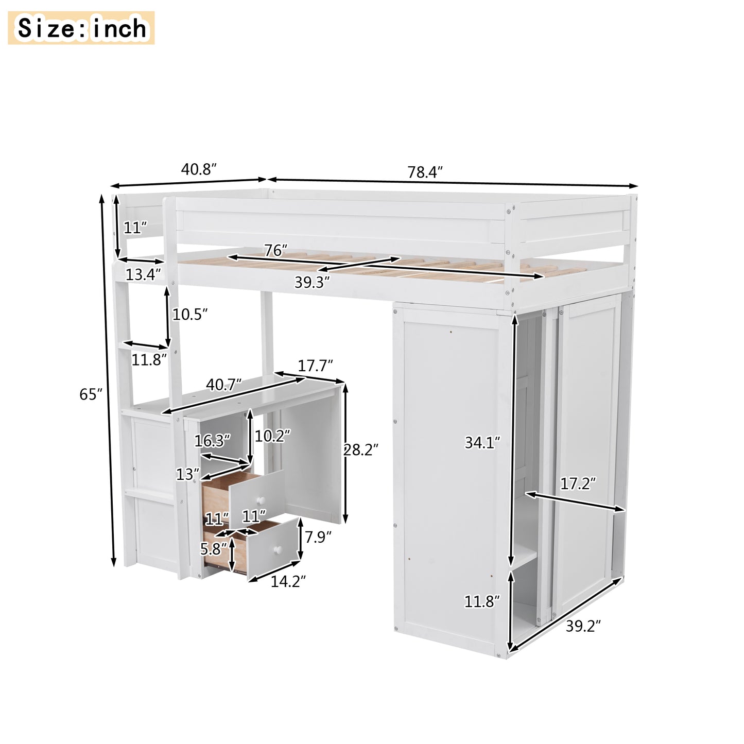 Wood Twin Size Loft Bed with Wardrobes and 2-Drawer Desk with Cabinet  White