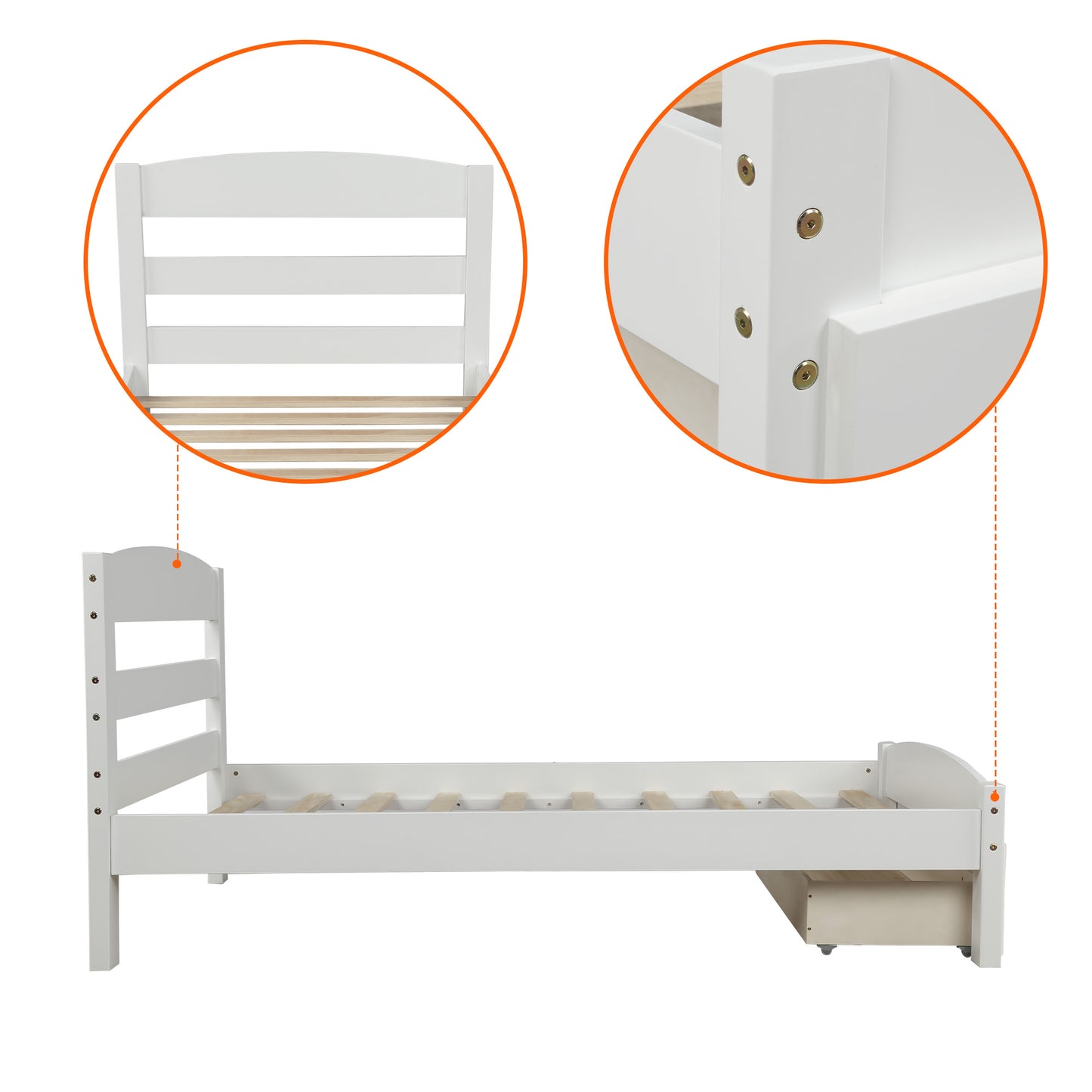 Platform Twin Bed Frame with Storage Drawer and Wood Slat Support No Box Spring Needed White