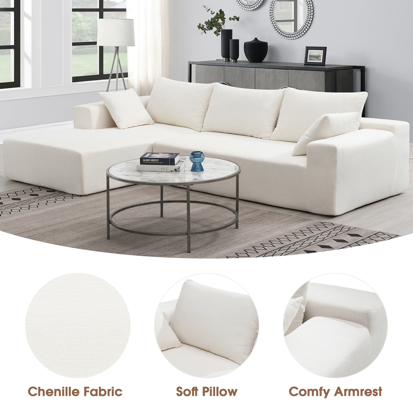 109" x 68" Modular Sectional Sofa Set, Modern Minimalist Style Couch in White