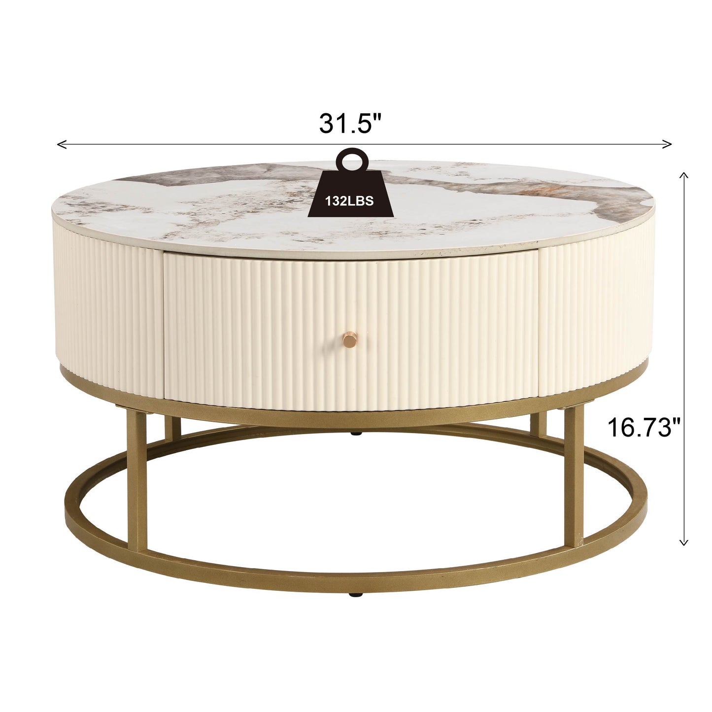 Modern Round Coffee Table with Drawers, Marble Table with Storage, Coffee Table for Living Room