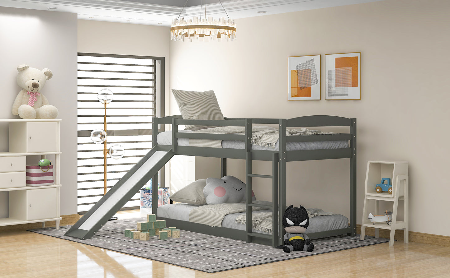 Twin over Twin Bunk Bed with Convertible Slide and Ladder Gray