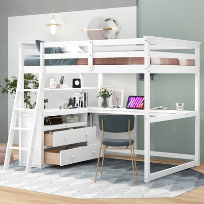 Full Size Loft Bed with Desk and Shelves,Two Built-in Drawers White