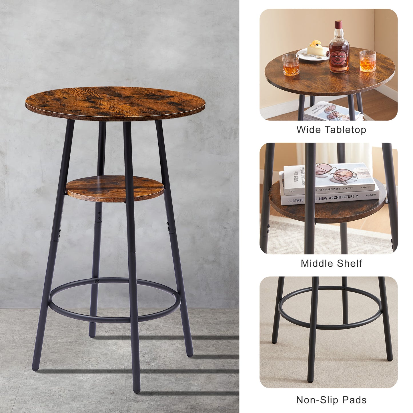 Round bar stool set with shelf upholstered stool with backrest Rustic Brown 23.62'' W x 23.62'' D x 35.43'' H