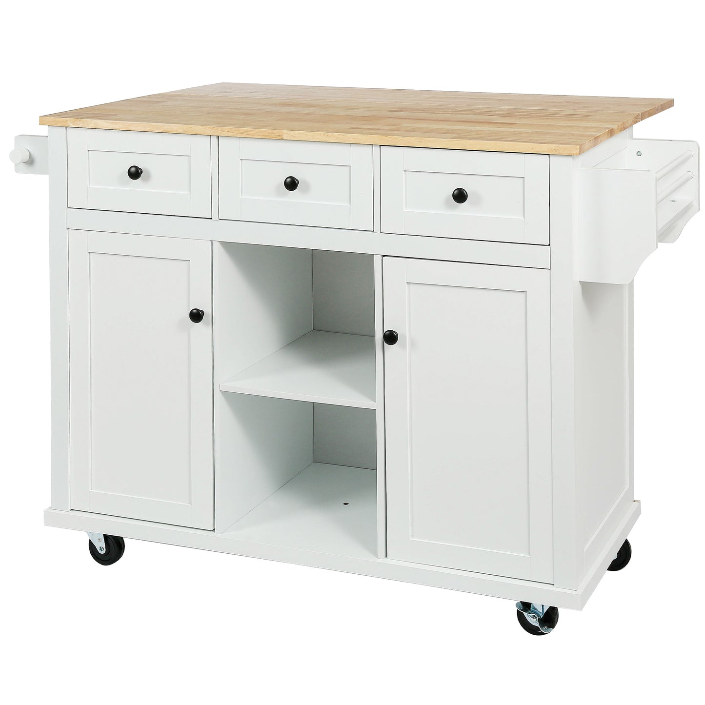 Kitchen trolley with rubber wood leaf countertop, 5-wheel kitchen island, storage cabinet and 3 dining drawers, white