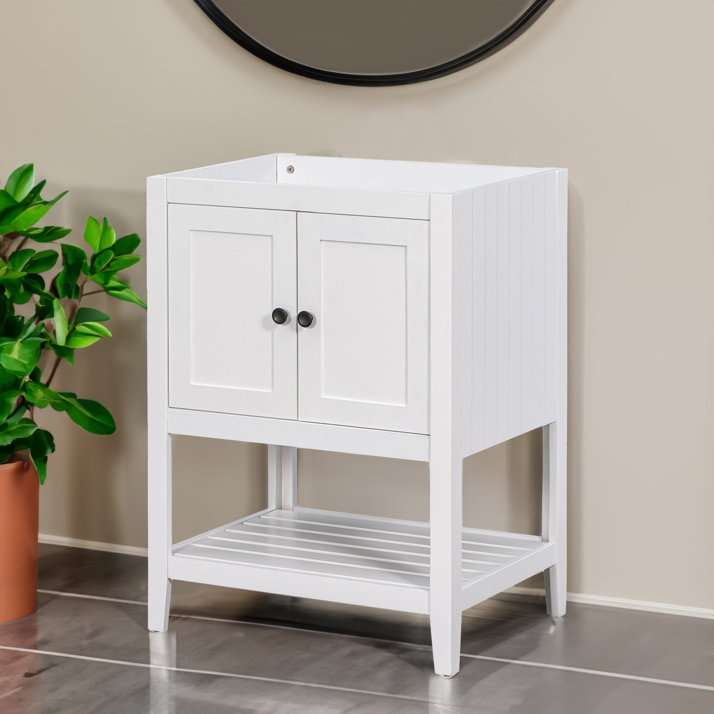 Bathroom Vanity Base Only, Soild Wood Frame, Bathroom Storage Cabinet with Doors and Open Shelf, White