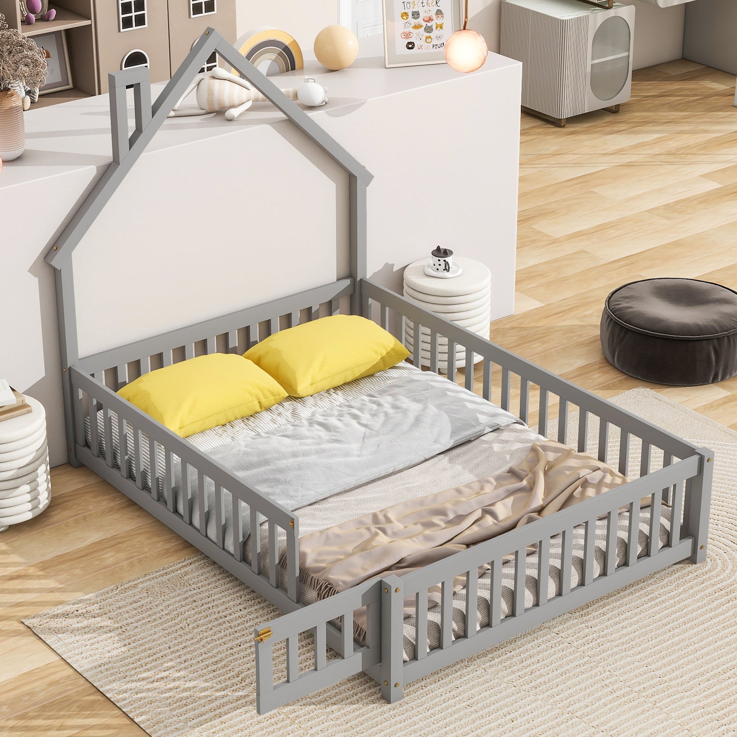 Full House-Shaped Headboard Floor Bed with Fence Grey