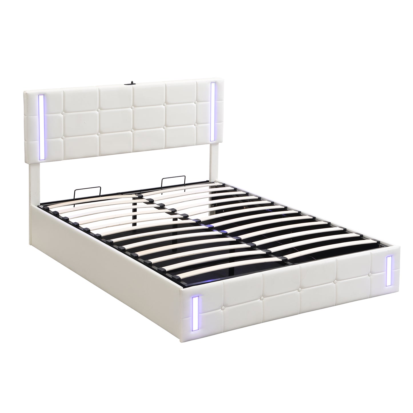 Cama tapizada de tamaño completo con luces LED, sistema de almacenamiento hidráulico y estación de carga USB, acabado blanco