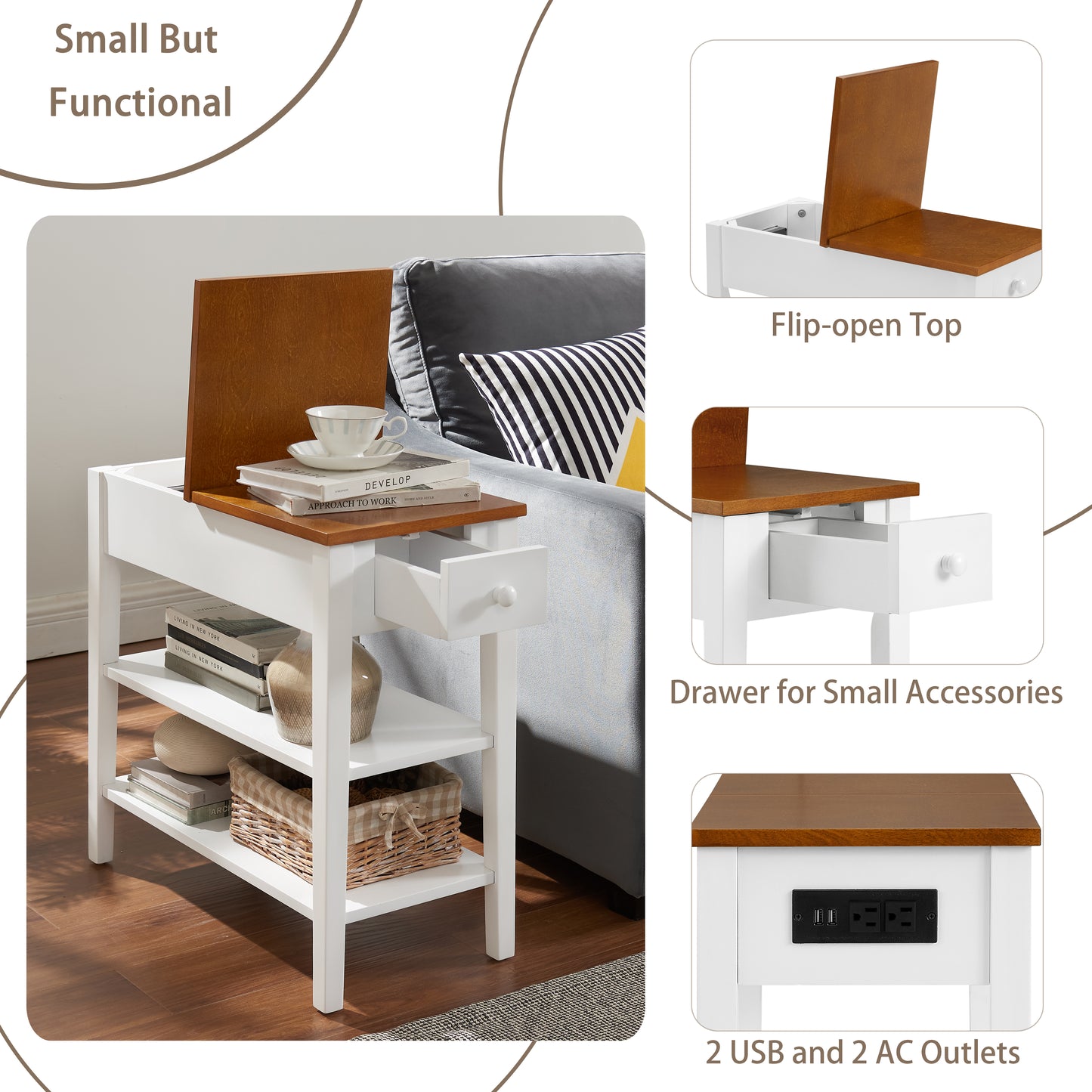 Narrow 2-tone End Table with USB Charging Ports for Small Space SOLID WOOD Table Legs White and Walnut