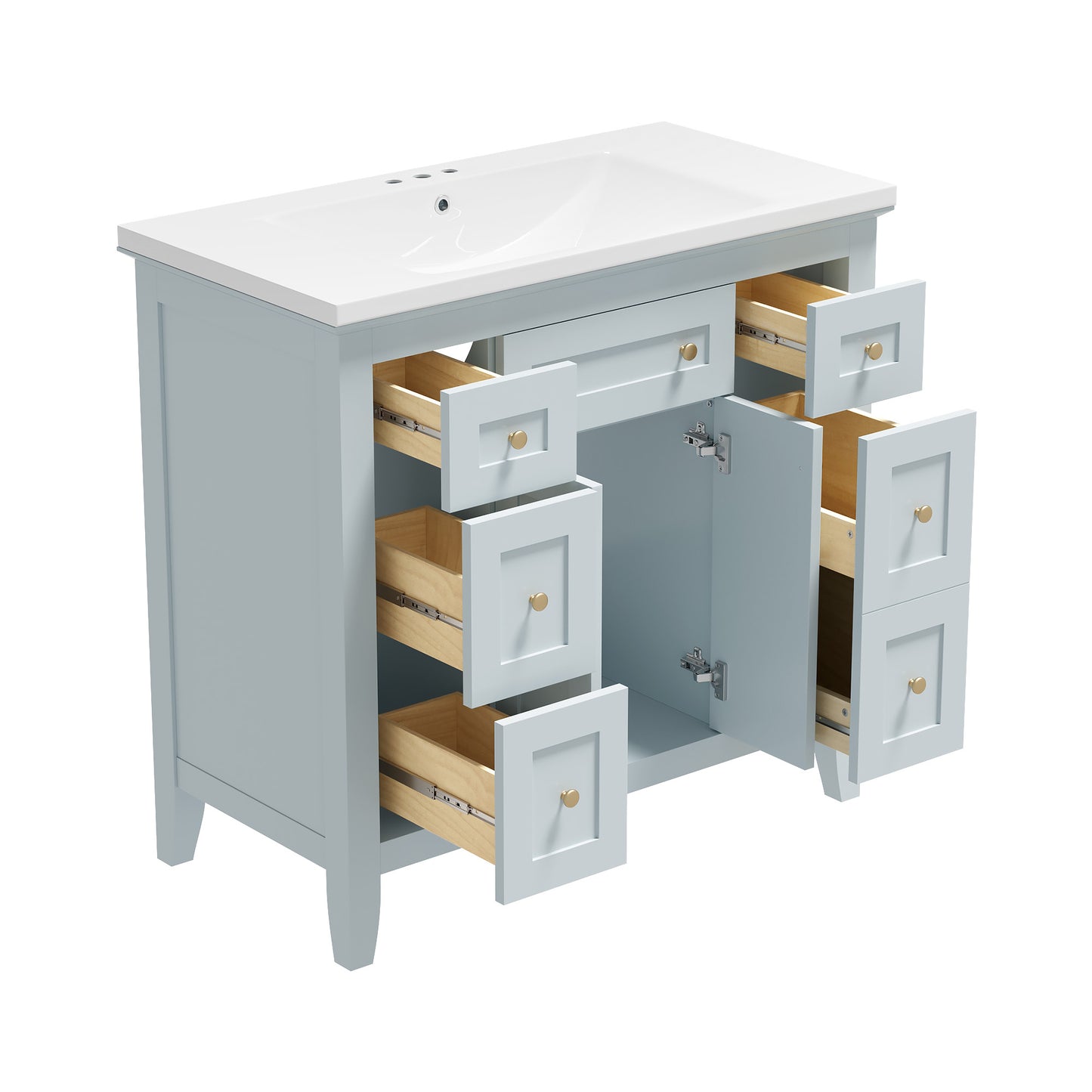 36 inch bathroom vanity with resin sink combination set with 6 drawers and 2 cabinets, storage cabinet vanity set, light blue