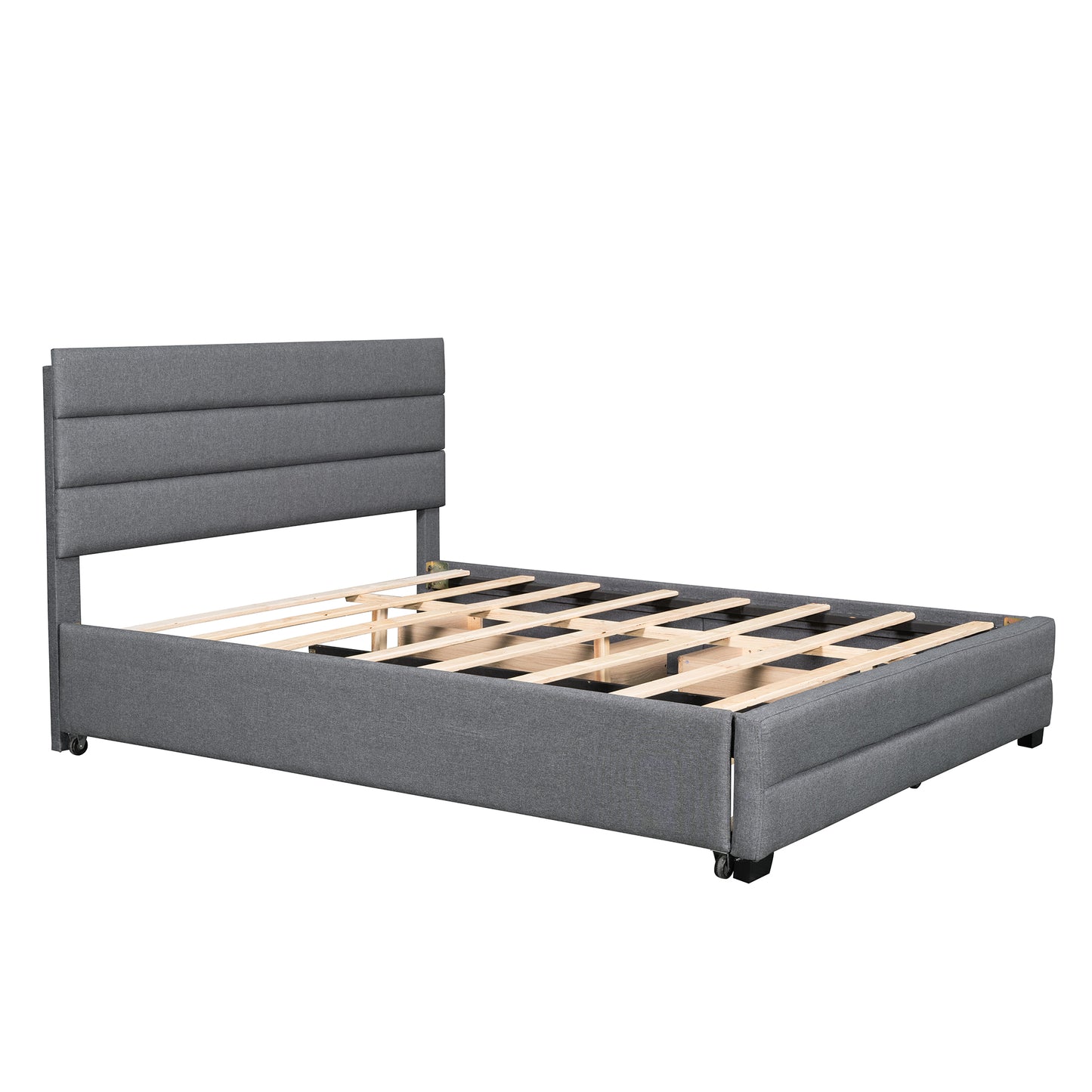 Queen Upholstered Platform Bed with Twin Size Trundle and Two Drawers Grey