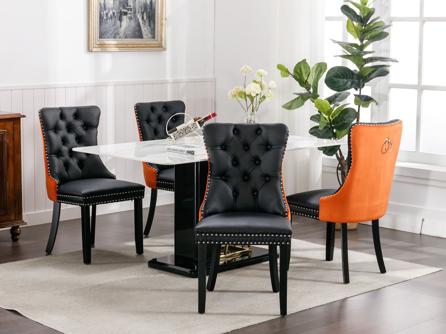 Tufted Solid Wood Contemporary PU and Velvet Upholstered Dining Chair with Wood Legs Nailhead Trim 2-Pcs Set Black+Orange