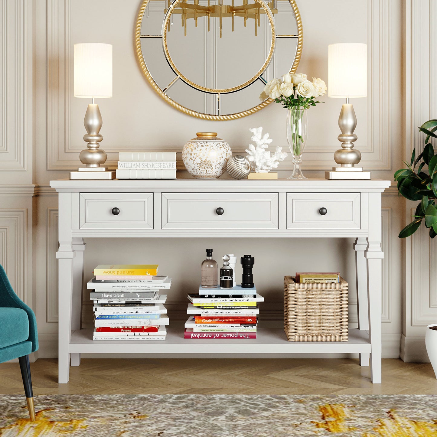 TREXM Classic Retro Style Console Table with Three Top Drawers and Open Style Bottom Shelf (Antique White)