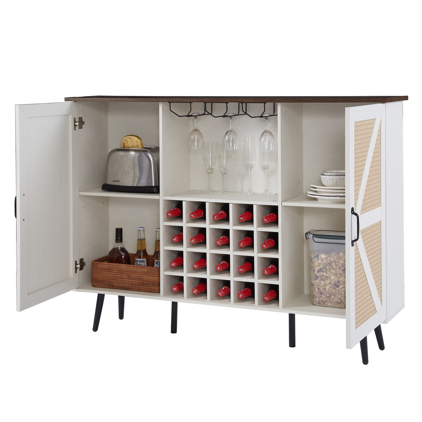 White Faux Rattan Barn Door Wine Cabinet with Wine Rack and Wine Glass Rack, Double Door Design with Removable Shelves