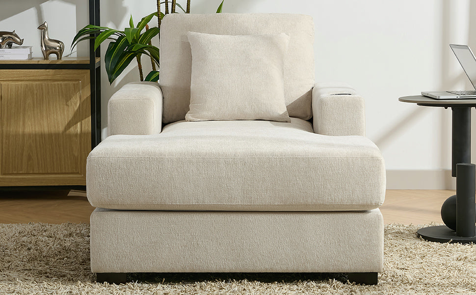 39.7" Oversized Chaise Lounger with Pillows, Charge Station, and Cup Holders, Chenille Fabric in Cream