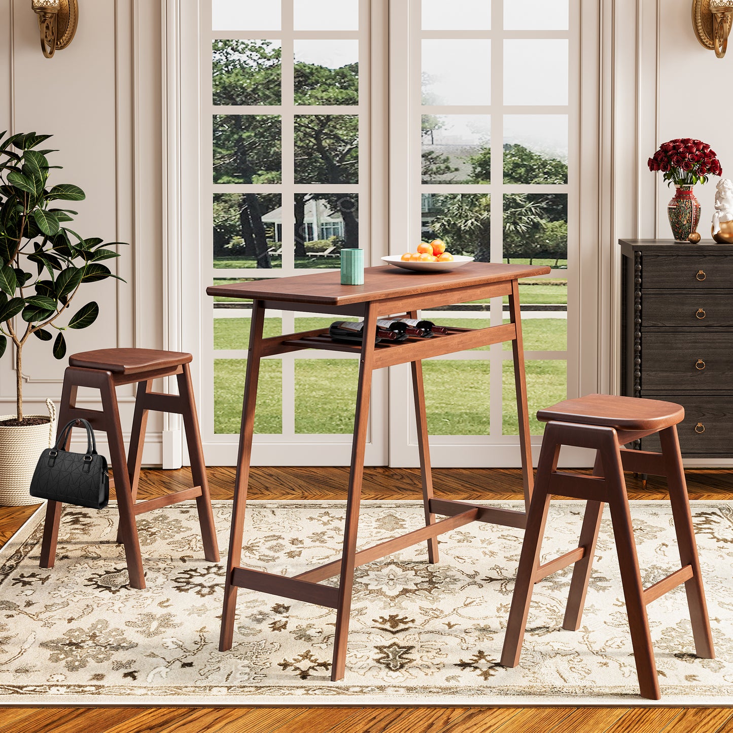 3-Piece Pub Dining Set, Retro Bar Table with Rubber Wood Stackable Backless High Stools for 2