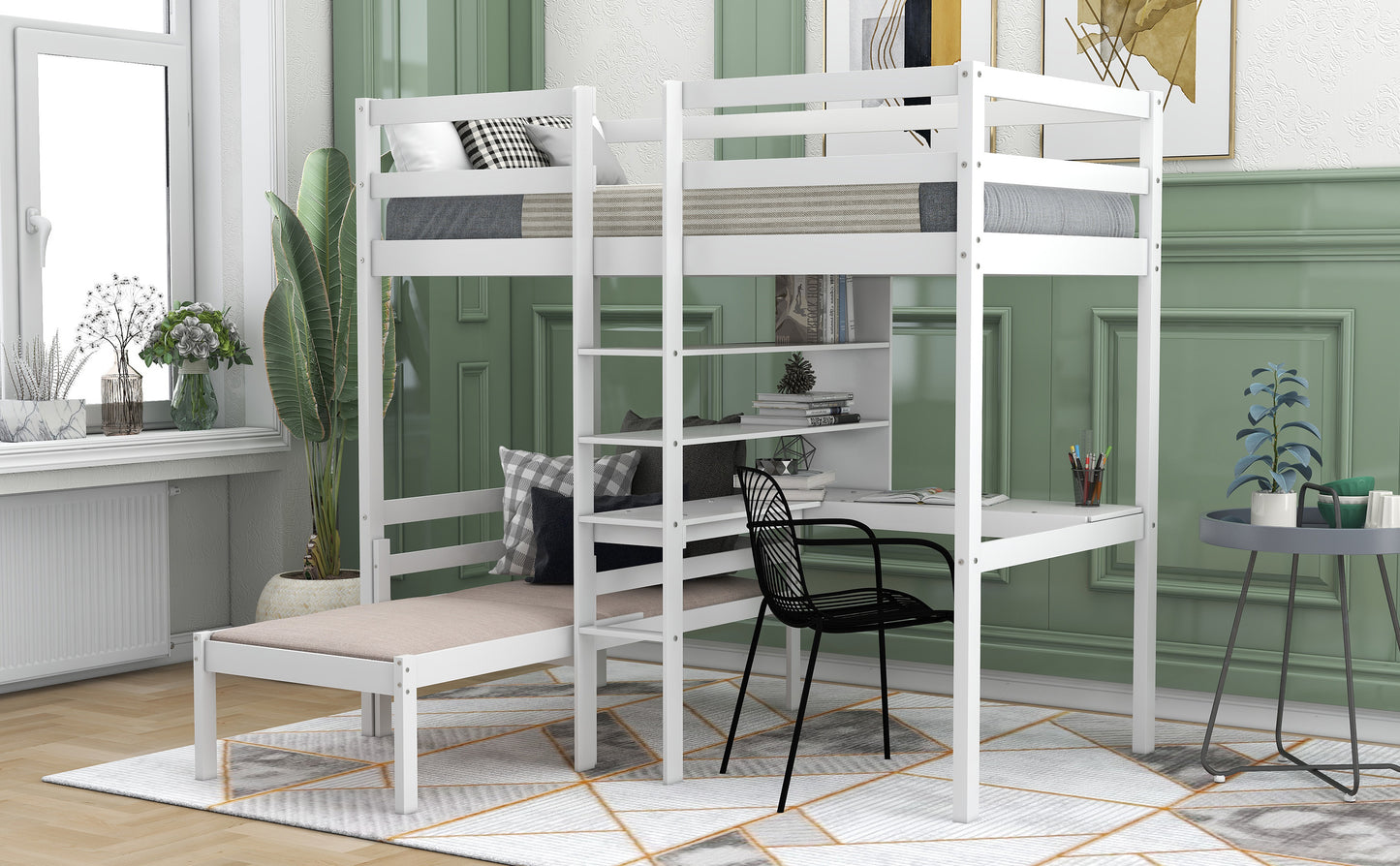 Convertible Loft Bed with L-Shape Desk, Twin Bunk Bed with Shelves and Ladder White