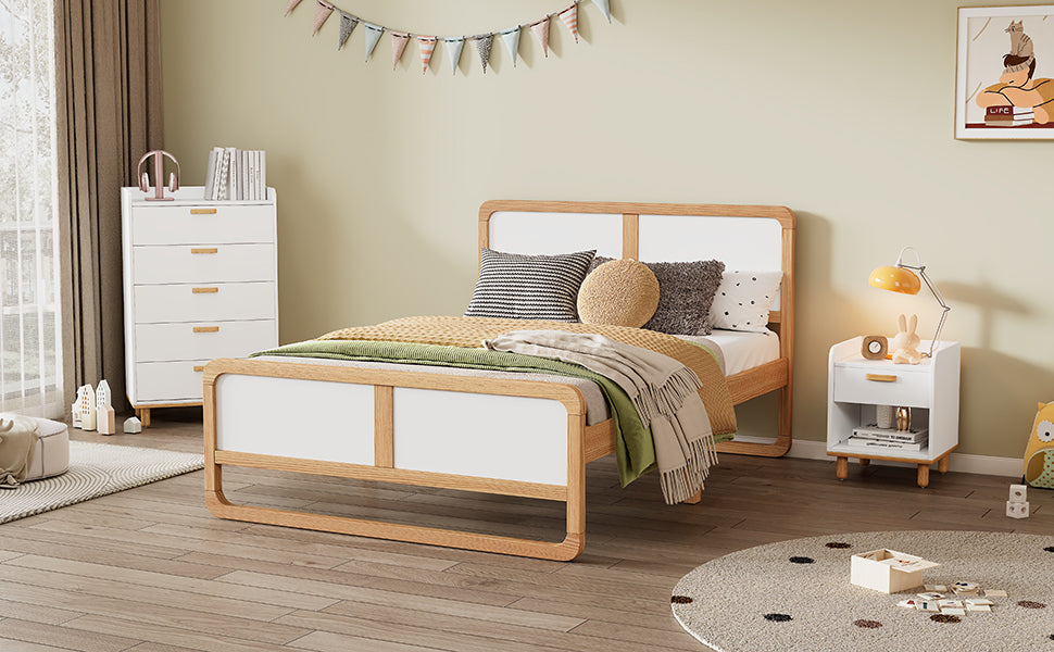 Modern Style Queen Size Solid Wood Platform Bed for Kids, Teens, Adults, No Need Box Spring, Walnut and White