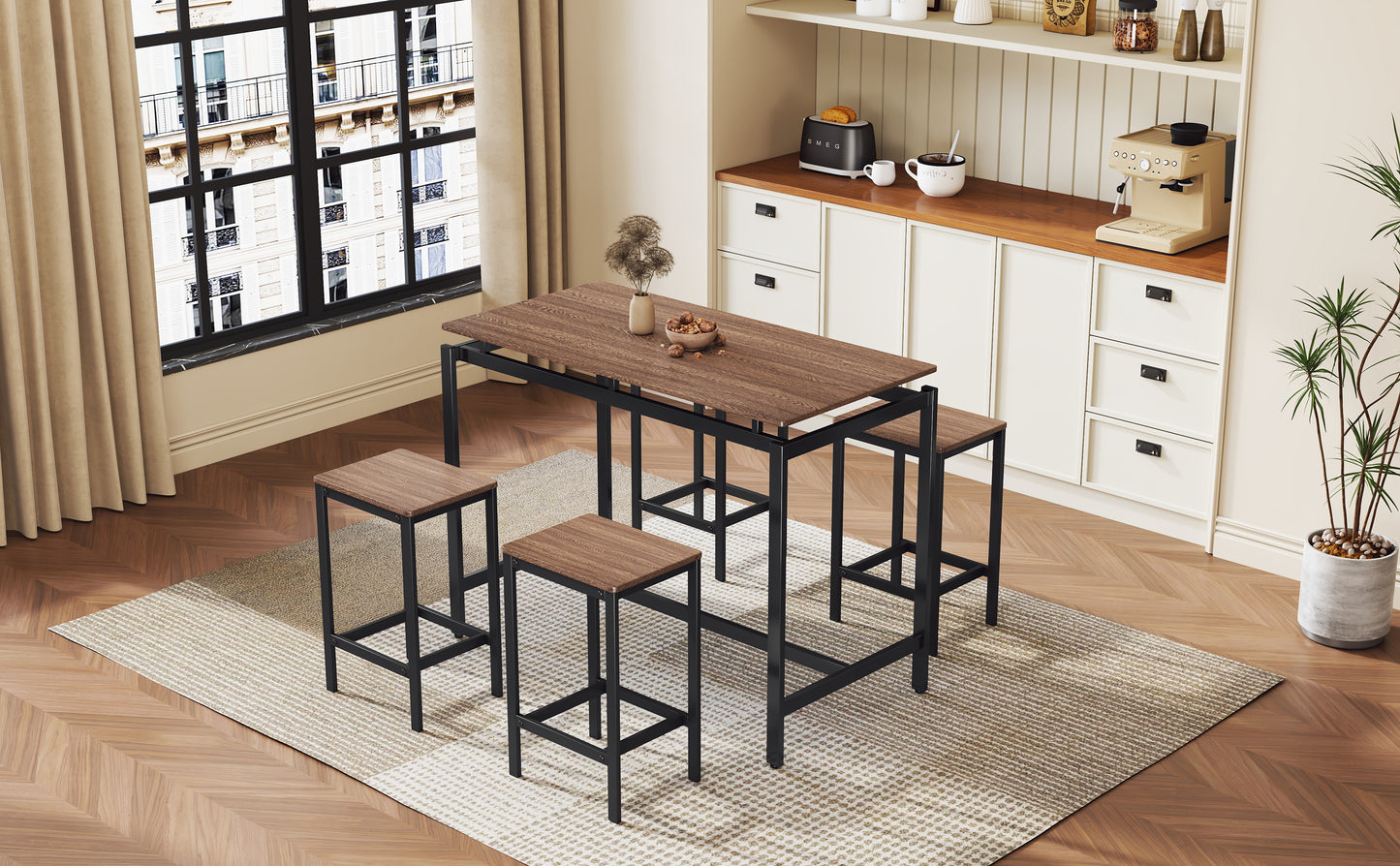 TREXM 5-piece compact bar table with table and stool - modern industrial design (dark brown)