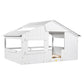 Wood Full Size House Bed with Roof, Window and Guardrail White