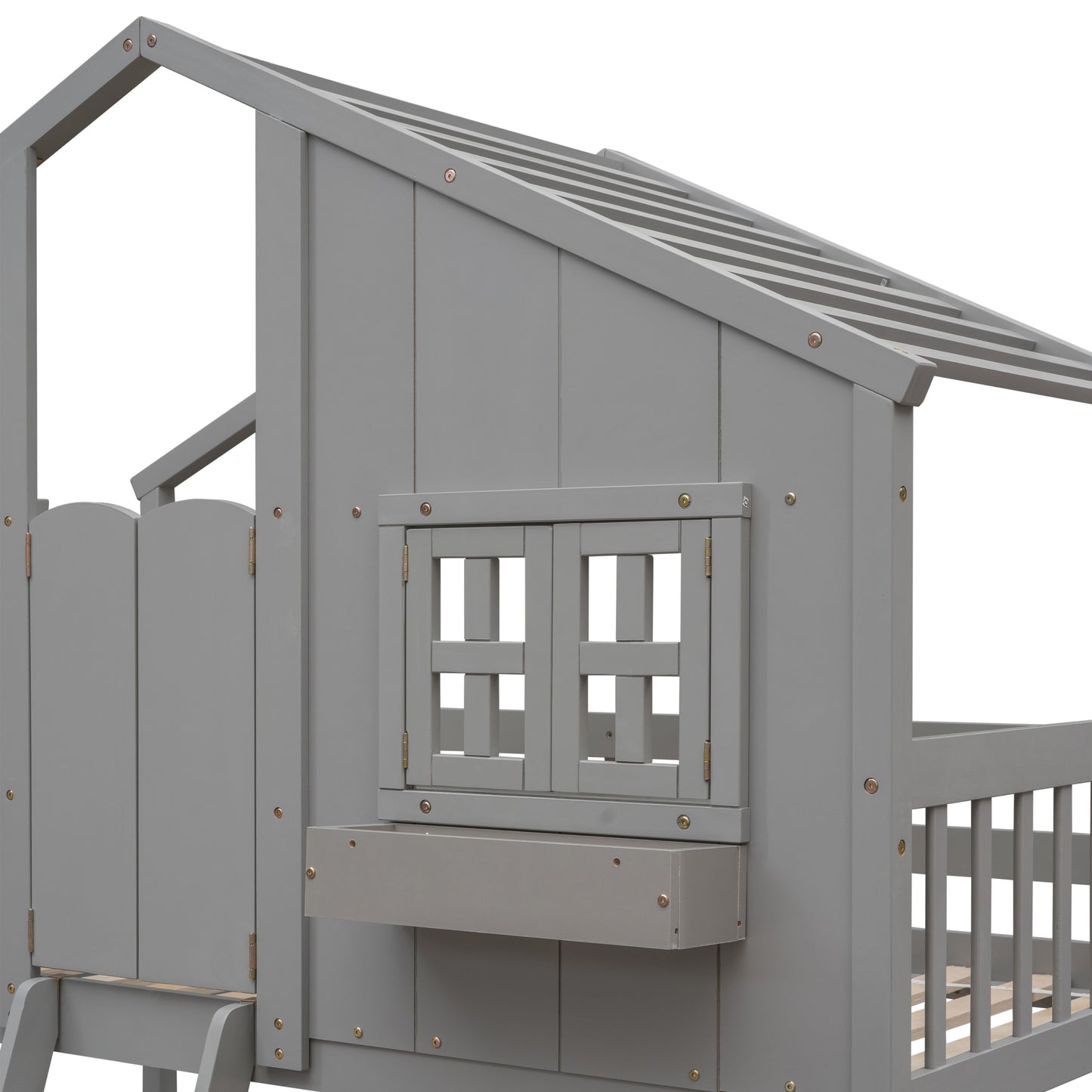 Twin over Twin House Bunk Bed with Roof , Window, Window Box, Door , with Safety Guardrails and Ladder, Grey