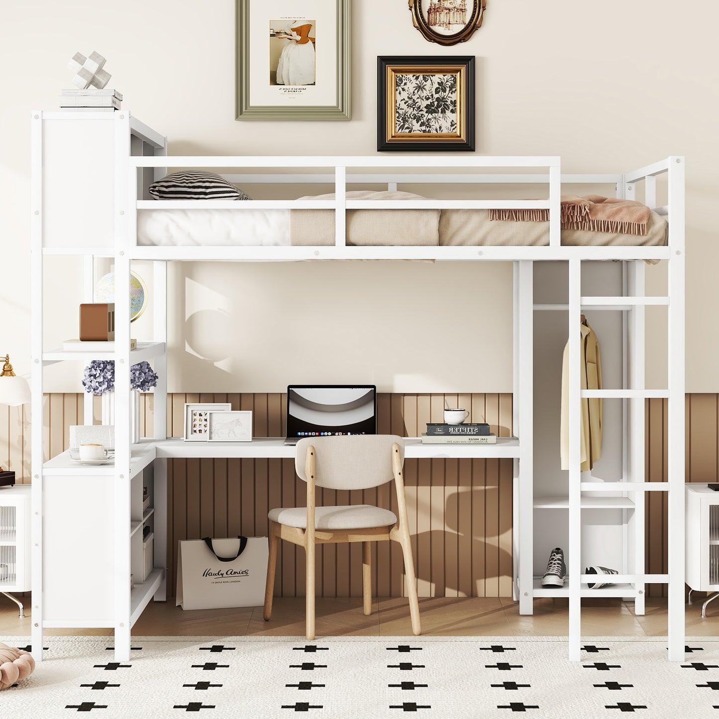 Metal loft bed with wardrobe and L-shaped desk, full-size loft bed with storage cabinet and shelf, white