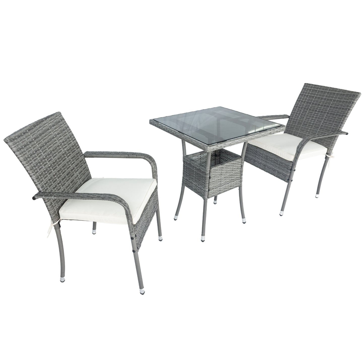 3 Piece Patio Wicker Conversation Set Grey Wicker + white Cushion