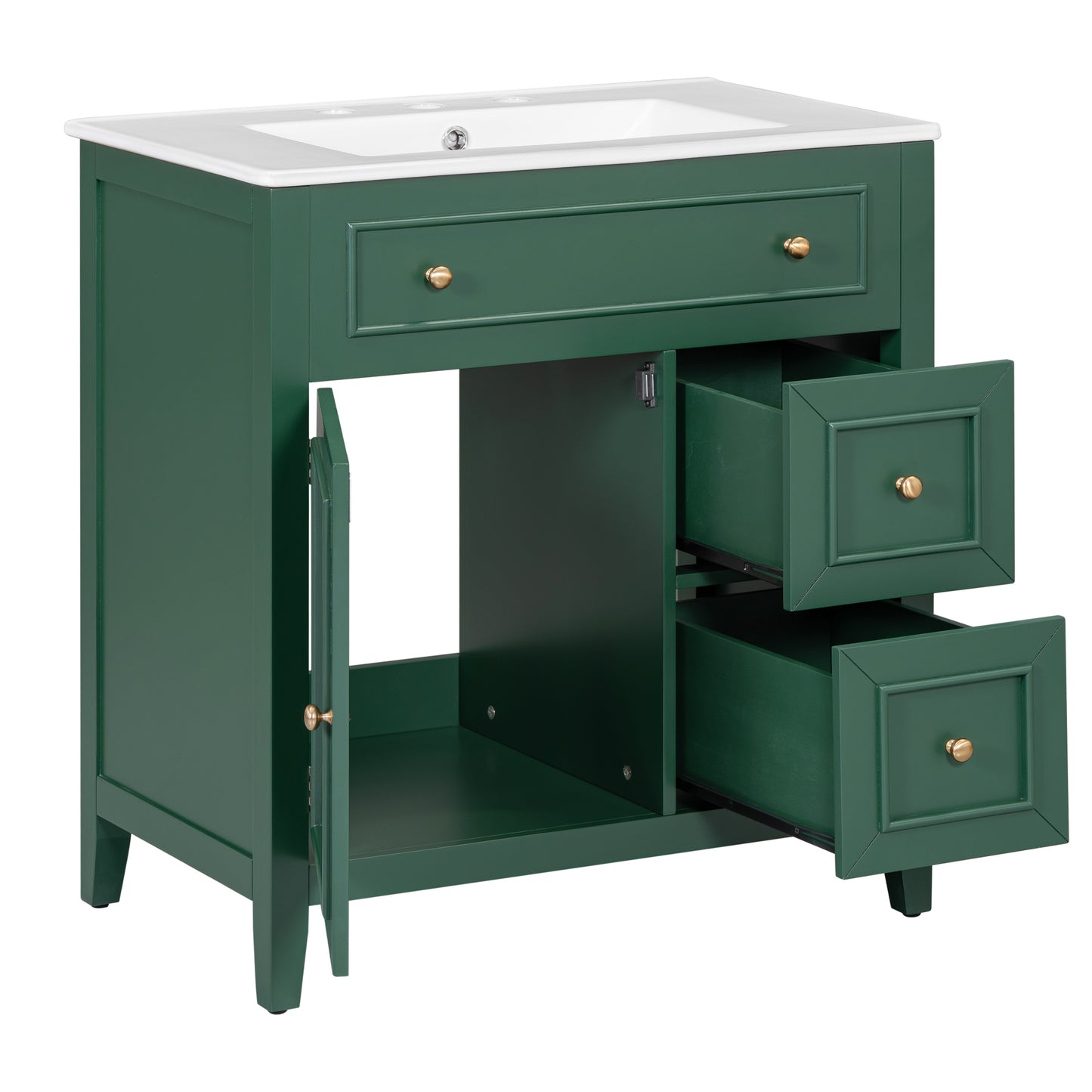 30" Bathroom Vanity with Sink Top, Solid Wood Cabinet with Door and Two Drawers, Green