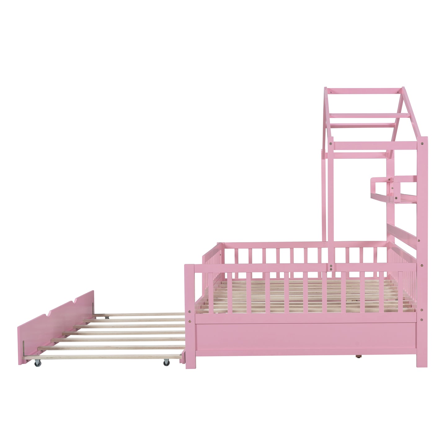 Wooden Full Size House Bed with Twin Size Trundle Kids Bed with Shelf Pink